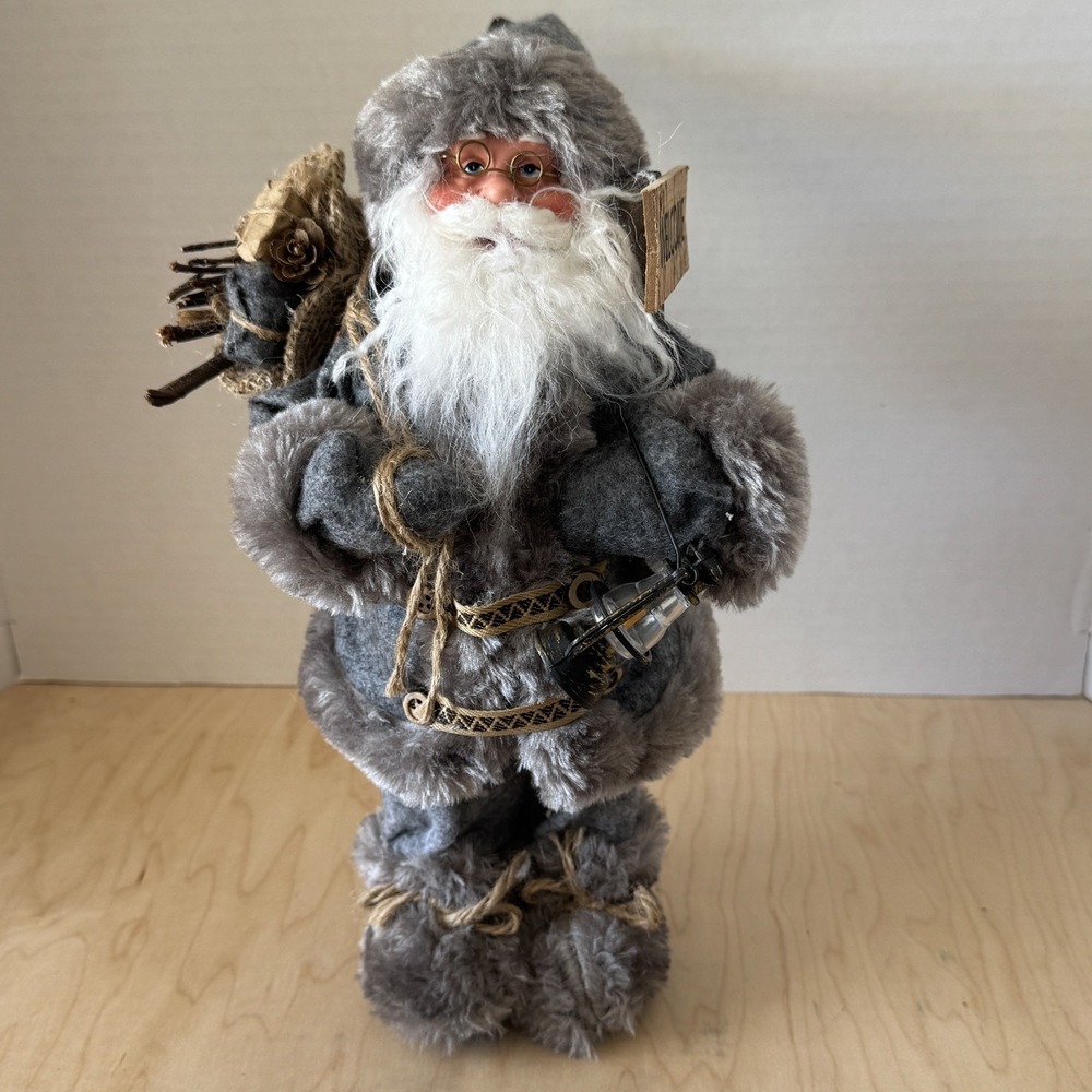 Aspen & Pine Santa Claus Figurine Gray Fur Suit Sack Lantern 12" Christmas Decor